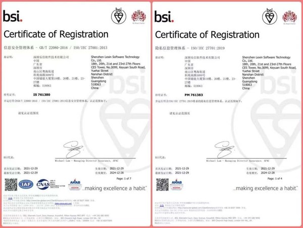 BSI授予樂信ISO/IEC 27001及ISO/IEC 27701兩項國際權威認證