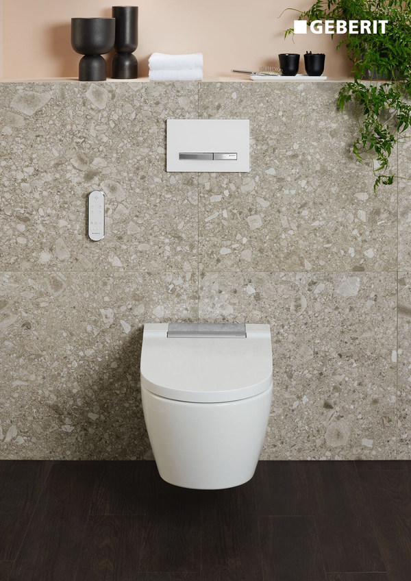The Geberit AquaClean Sela shower toilet with the Sigma50 actuator plate