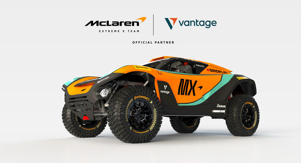 VantageはMcLaren Extreme E（MX）チームの公式パートナーで、レーシングカーのシャシ側面とルーフに同社ブランドを表示