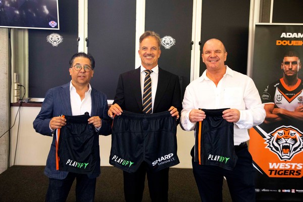 PlayUp Australia CEO Paul Jeronimo, Wests Tigers CEO Justin Pascoe, PlayUp Australia Chief Operating Officer James Waddell