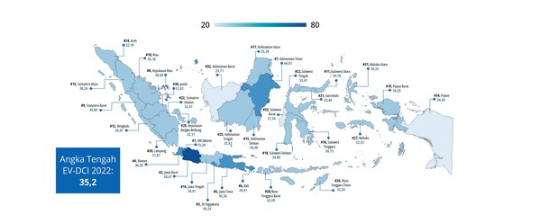 Peta Sebaran Skor EV-DCI 2022 di 34 Provinsi di Indonesia