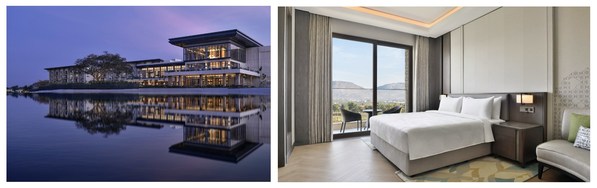 L-R: JW Marriott Bengaluru Prestige Golfshire Resort & Spa façade and Luxury Suite bedroom
