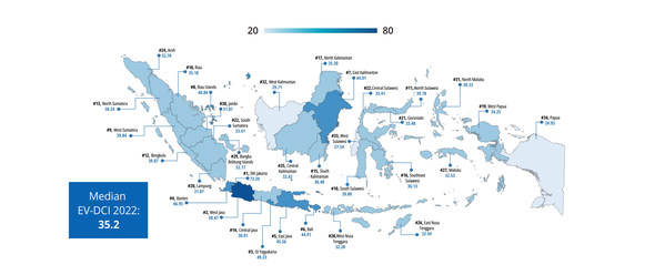 แผนที่อินโดนีเซียครอบคลุม 34 จังหวัดทั่วประเทศ โดยแจกแจงคะแนน EV-DCI ประจำปี 2565