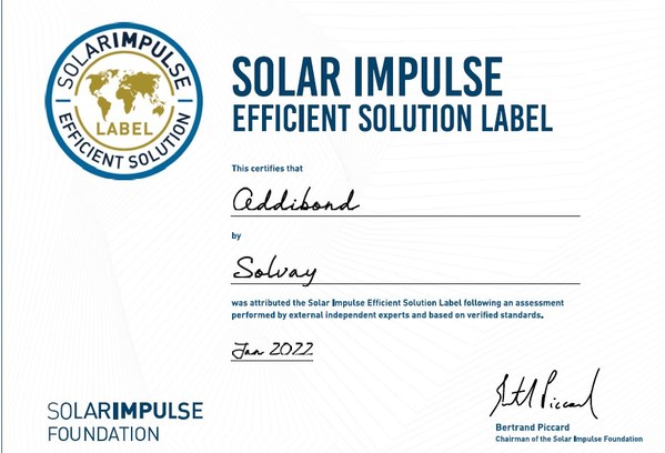 Solvay's Addibond™ obtains Solar Impulse Efficient Solution Label