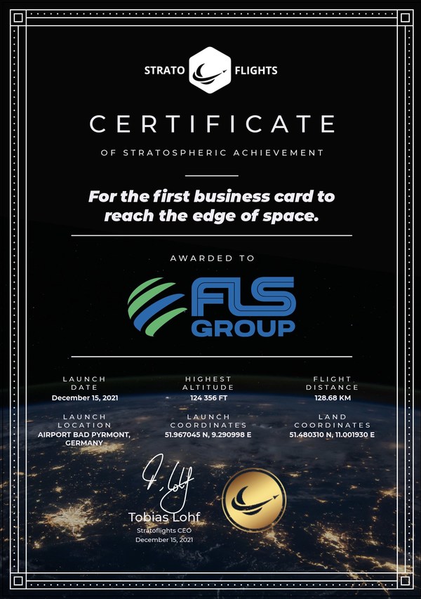 Chứng nhận "Danh thiếp đầu tiên được gửi ra ngoài không gian" dành cho FLS Group.