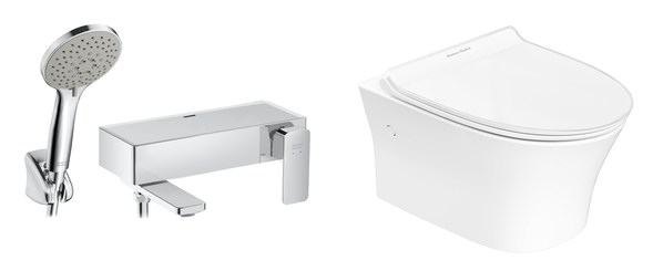 美标新阿卡西亚挂墙式浴缸龙头（左）美标纤格挂墙座厕配水晶盖板（右）