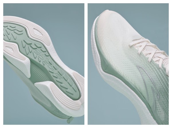 从左至右依次：安踏氢跑鞋4.0大底细节图/安踏氢跑鞋4.0鞋面细节图