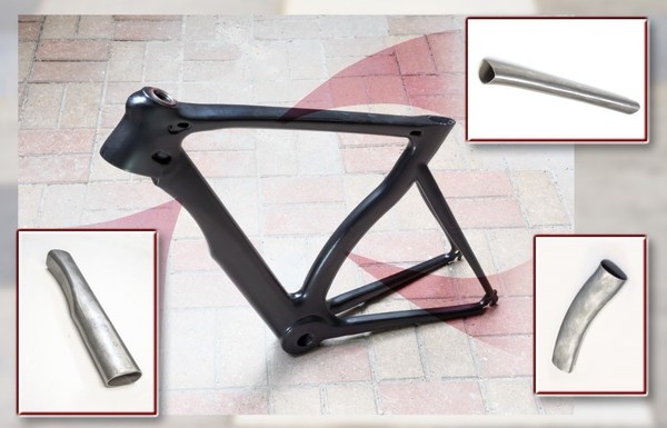 本圖例之黑色自行車車架利用液壓成型後的ALLITE ®超級鎂™合金管材組成