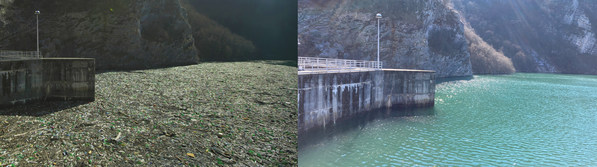 左图：波斯尼亚和黑塞哥维那水库状况（开展清洁任务前）右图：波斯尼亚和黑塞哥维那水库现状（开展清洁任务后）