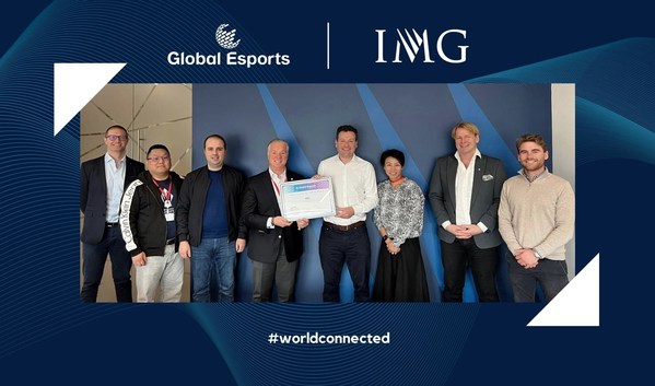 The Global Esports Federation presents a Certificate of Partnership to IMG in London. L-R: Ciaran Bone, VP, Channels & Content, IMG; Kelvin Tan, GEF Director of Esports; Rustam Aghasiyev, GEF Director of Global Events; Paul J. Foster, GEF CEO, Richard Wise, Senior VP, IMG; Kennie Chang, Senior Director, APAC, IMG; Chester King, VP, GEF; Joe Jenkins, Commercial Manager, Esports, IMG.