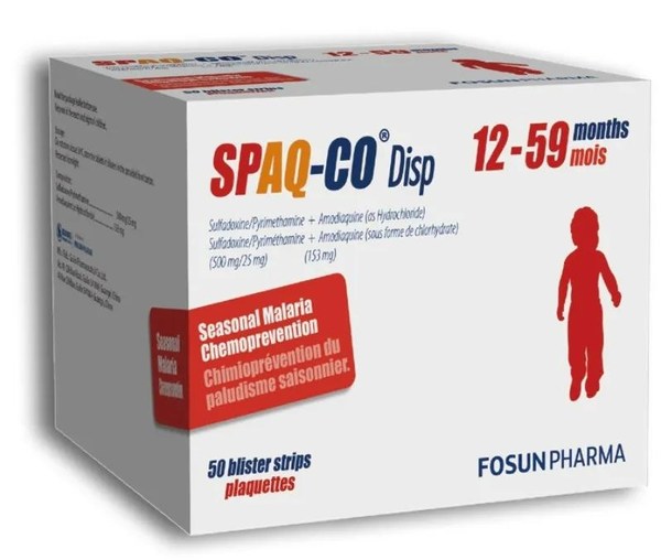 复星医药研发生产的儿童疟疾预防用药SPAQ-CO (R) Disp （磺胺多辛乙胺嘧啶分散片/阿莫地喹分散片组合包装）