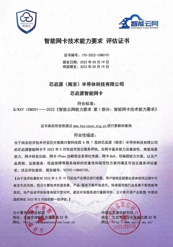 中国信通院“智能网卡技术能力要求”评估证书