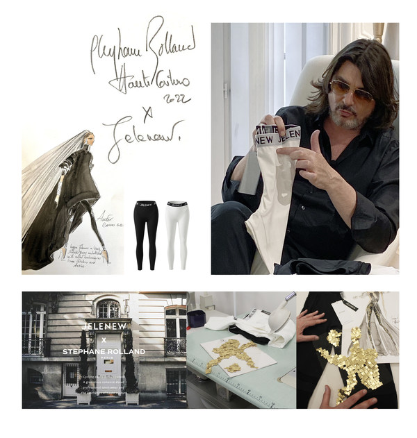 Stéphane Rolland explains the details of Jelenew cycling leggings in Jelenew x Stéphane Rolland cycling pants-dress newlook to be auctioned at amfAR Cannes dinner