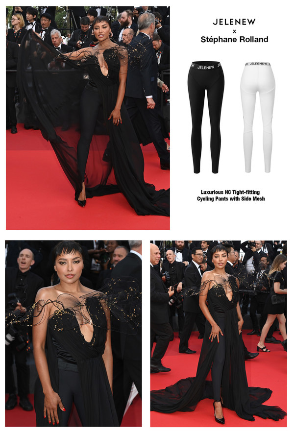 Kat Graham in Jelenew x Stéphane Rolland cycling pants-dess newlook on the red carpet of the 75th Cannes Film Festival closing ceremony. Getty Images