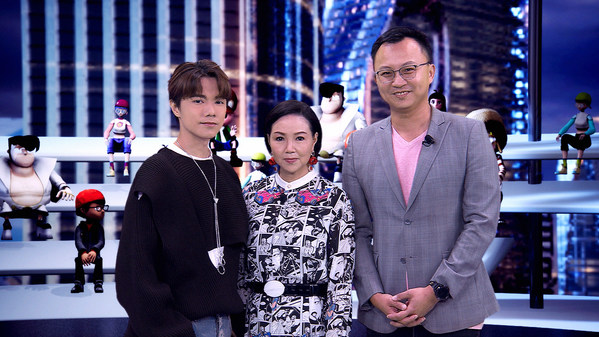 Distinguished guests including Shirley Hughes, CEO of Emperor Entertainment Group (Middle);  Eric Young, chairman of Metatimes, a joint venture between VAR Live and Times Capital (right);  And Hins Cheung, portrayed in a virtual background built with Extended Reality (XR) technology at a press conference to lead multiple award-winning artists Hertzcity Metavers (left).