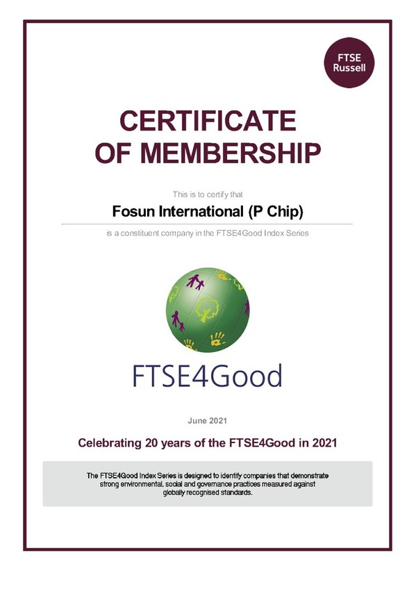 Fosun International's FTSE Russell ESG Rating Upgraded and Becomes First-time Constituent of FTSE4Good Index Series