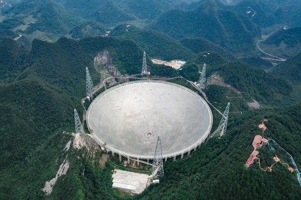 An aerial photo shows the Five-hundred-meter Aperture Spherical Radio Telescope.