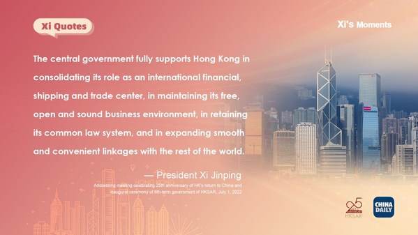 A highlight from President Xi Jinping’s speech at a meeting celebrating the 25th anniversary of Hong Kong's return to the motherland and the inaugural ceremony of the sixth-term government of the Hong Kong Special Administrative Region in Hong Kong, July 1, 2022. [Graphic/chinadaily.com.cn]