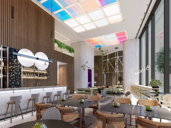 Render image of one of the versatile and high energy public areas at YOTEL Tokyo.