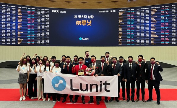Executives and guests of Lunit celebrating the Initial Public Offering at the Korean Exchange, Thursday, July 21, 2022.