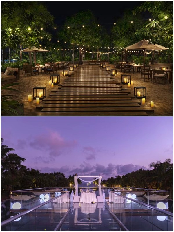 上：三亚艾迪逊酒店海滩烧烤餐厅外场；
下：三亚亚龙湾喜来登度假酒店海景水台怦然“星”动双人晚餐