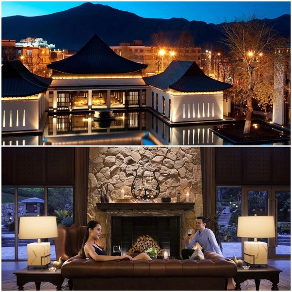 上：拉萨瑞吉度假酒店外观；
下：浙江安吉JW万豪酒店大堂吧