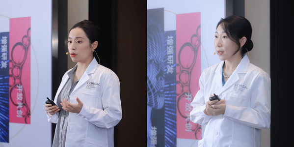 欧莱雅中国研发和创新中心科学产品沟通高级经理 盛乐女士（左）欧莱雅中国研发和创新中心产品功效评估高级经理 王鹤群博士（右）分享
