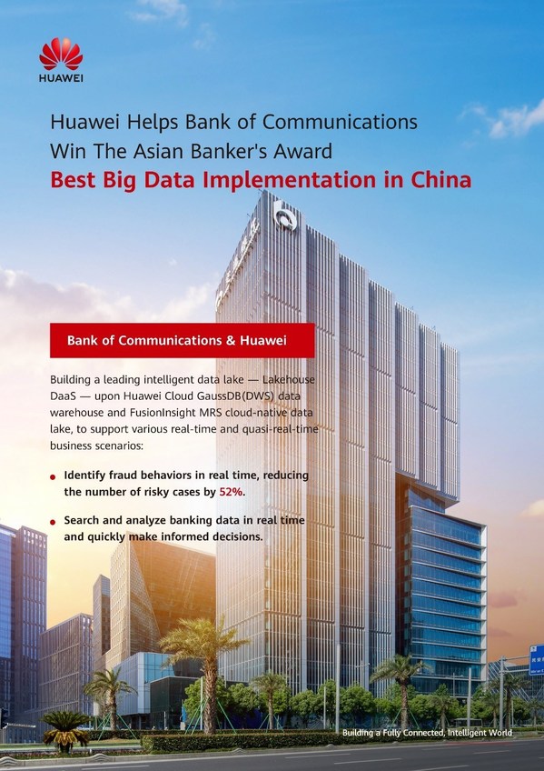 Equipped with Huawei's Tech, Bank of Communications Wins The Asian Banker's Award of Best Big Data Implementation in China