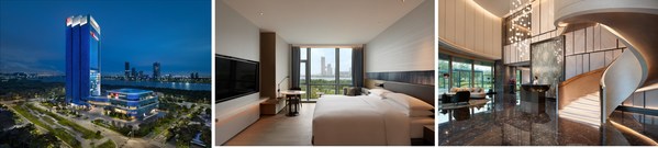 从左至右：广州南沙金茂万豪酒店外观图、豪华客房以及林苑中餐厅