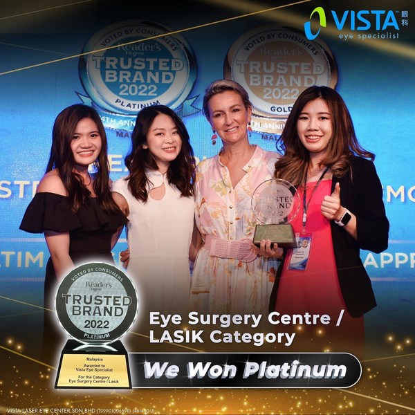 VISTA Marketing & Growth Team receiving Reader’s Digest’s Most Trusted Brands Awards 2022, winning the Platinum in the Category of Eye Surgery Centres/LASIK.