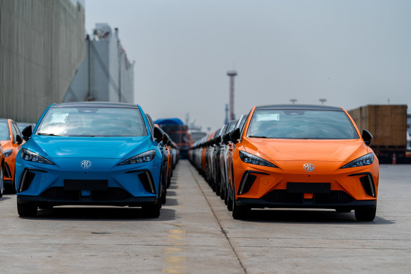 Photo shows the first batch of MG Motor's new pure electric vehicles Mulan or MG4 ELECTRIC, the name overseas, arrived at the port of Zeebrugge, Belgium, on September 2nd. (Xinhua/Pan Geping)
