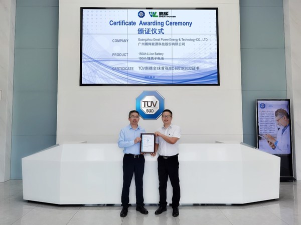 鵬輝能源獲TUV南德全球首張IEC 62619:2022認證證書