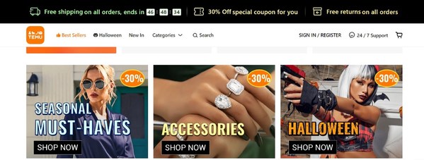 A screenshot of Temu's homepage advertising sitewide discounts and free shipping and returns