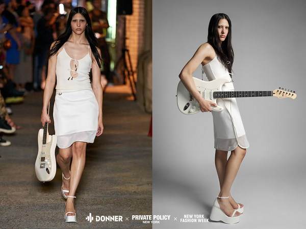 Donner X Private Policy_NYFW2023_show look with electric guitar DST-152 / Photo credit: Guanyu Liu