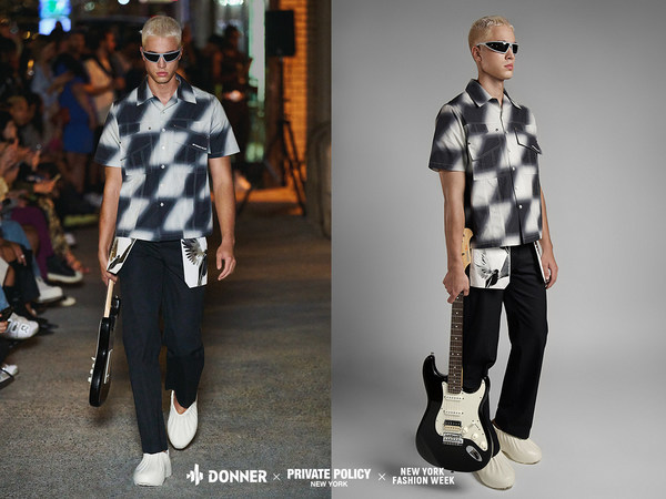 Donner X Private Policy_NYFW2023_show look with electric guitar DST-400 / Photo credit: Guanyu Liu