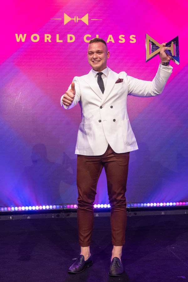 Adrián Michalčík, representing Norway, is awarded the title of world’s best bartender at the Diageo World Class Global Bartender of the Year competition 2022