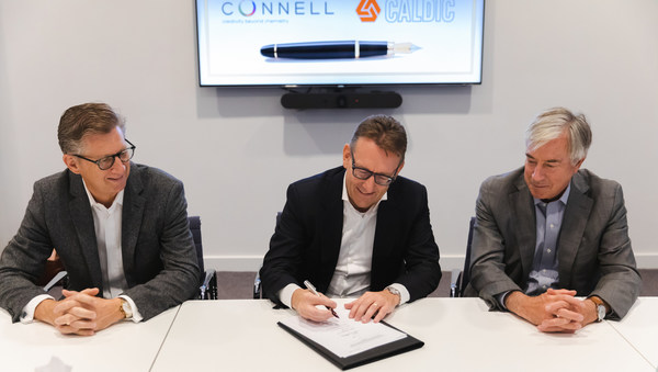 Pictured from left to right as they sign a definitive agreement to form a partnership between Connell and Caldic are: John Buckley, President and CEO of Wilbur-Ellis, Ronald Ayles, Managing Partner for Advent International (owner of Caldic), and John Thacher, Executive Chairman of Wilbur-Ellis.