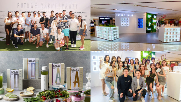 (Top left) Future Salad celebrated its second anniversary, which invited celebrities and influencers to join the event; (Top right) New shop opened at Queensway Plaza; (Bottom left) Brand New Product - Salad Drink Mix; (Bottom right) New shop opening event at Queensway Plaza, with the support of influencers and business partners.