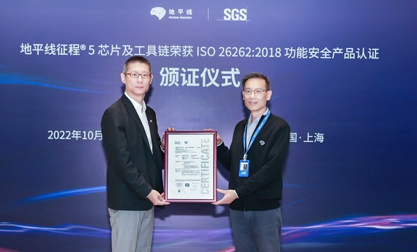 SGS中国区总裁助理郑伟向地平线总裁陈黎明颁发征程5 ISO 26262 ASIL B功能安全产品认证证书