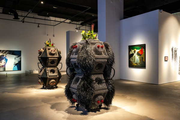 Installation view of Haegue Yang's The Hybrid Intermediates - Flourishing Electrophorus Duo (The Sonic Intermediate - Hairy Carbonous Dweller and The Randing Intermediate - Furless Uncolored Dweller) (2022) at Singapore Art Museum at Tanjong Pagar Distripark. Image courtesy of Singapore Art Museum.