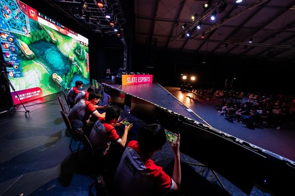 Team EVIL (pictured in red) playing against eventual champions Slate Esports in a game of Mobile Legends: Bang Bang