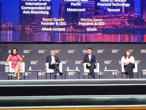 GCash President & CEO Martha Sazon shares GCash's story during the panel discussion on 'Navigating the Winds of Change in Digital Finance' at the Singapore Fintech Festival.