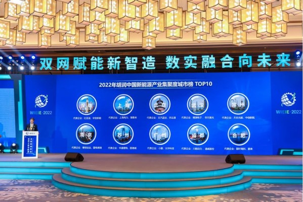 圖片展示了2022年胡潤中國新能源產業集聚度城市榜發佈現場，榜單在11月11日-13日世界工業與能源互聯網博覽會舉辦期間發佈。