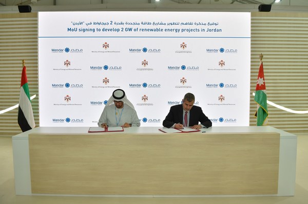 Dr Sultan Al Jaber, UAE Minister of Industry and Advanced Technology, Special Envoy for Climate Change and Chairman of Masdar, and Dr Saleh Al-Kharabsheh, Jordan's Minister of Energy and Mineral Resources, signed the agreement to explore renewable energy projects in Jordan