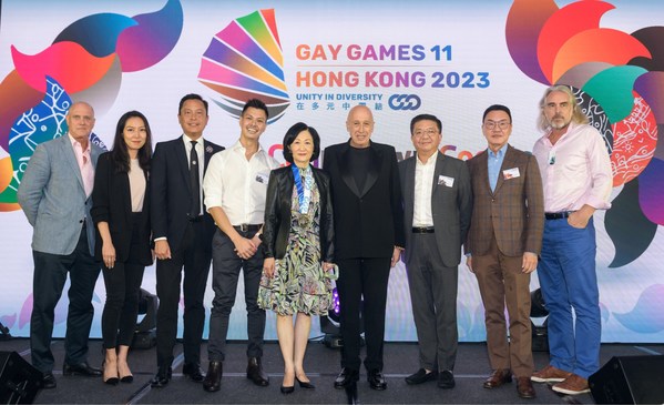 Guests of Honour for the Gay Games 11 Hong Kong 2023 One-Year Countdown Cocktail. From left to right: Brett Free, former Deputy Director of the Information Services Department; Nancy Ting, Head of Marketing for YouTube Greater China, Google; Lawrence Ng, Vice President, Sales & Marketing, Greater China, Marriott International; Alan Lang, co-chair of GGHK; Mrs Regina Ip, Legislative Councilor; Dr Allan Zeman, Chairman of Lan Kwai Fong Group; Anthony Lau, Former Chief Executive, Hong Kong Tourism