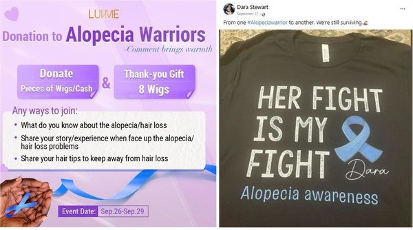 Poster of #alopeciawarrior event (left) and one of the customers' posts in Luvme Hair's Facebook group (right).