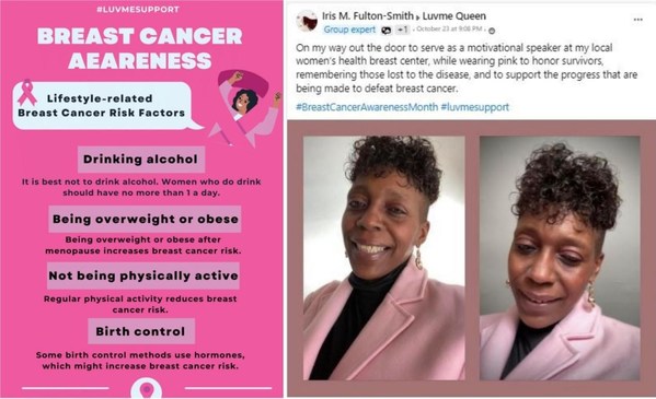 Poster of #breastcancer event (left) and one of the customers' posts in Luvme Hair's Facebook group.
