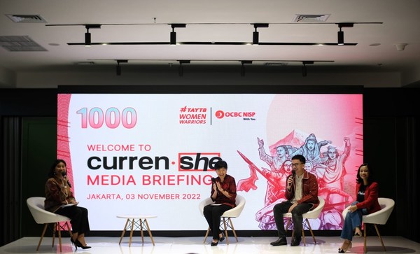 Left to the right: Parwati Surjaudaja (President Director Bank OCBC NISP), Adrie Basuki (Entrepreneur and Designer for Zero Waste Process), and Dayu Dara Permata (Founder & CEO Pinhome) during CurrenShe Media Briefing event in Jakarta.