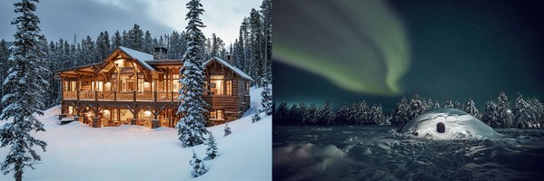 （左：美国大天空市丛林环抱的原木旅社；右：芬兰雪地的圆顶冰屋）