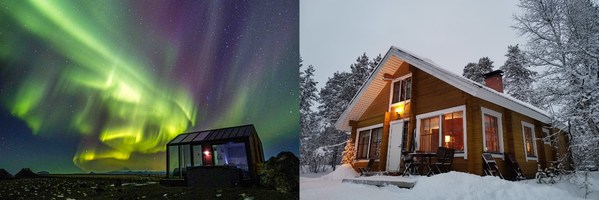 （左：冰岛附带户外温泉的玻璃小屋；右：芬兰伊纳里湖边的小木屋）